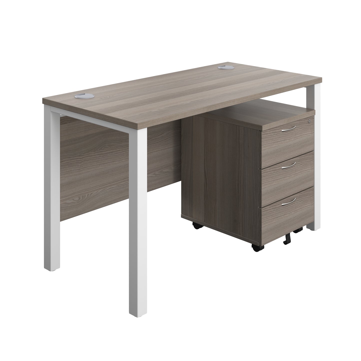 Aztec|Goal Post Leg|Rectangular Desk with 3 Drawer Mobile Pedestal|1200x600|Grey Oak-White