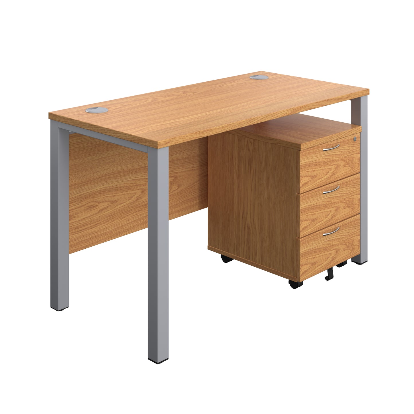 Aztec|Goal Post Leg|Rectangular Desk with 3 Drawer Mobile Pedestal|1200x600|Nova Oak-Silver