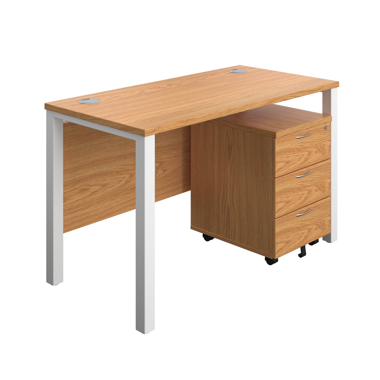 Aztec|Goal Post Leg|Rectangular Desk with 3 Drawer Mobile Pedestal|1200x600|Nova Oak-White