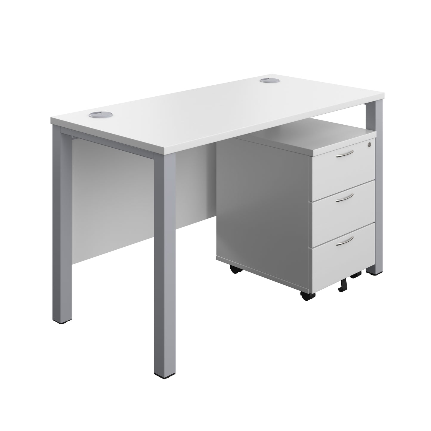 Aztec|Goal Post Leg|Rectangular Desk with 3 Drawer Mobile Pedestal|1200x600|White-Silver