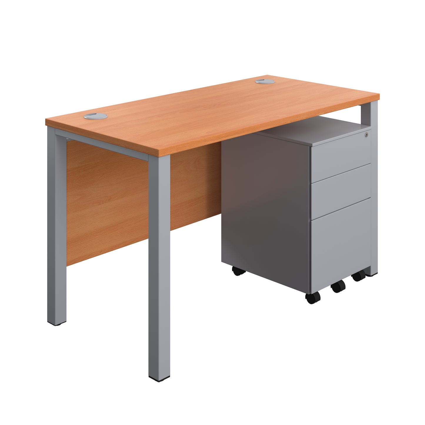 Aztec|Goal Post Leg|Rectangular Desk with 3 Drawer Steel Pedestal|1200x600|Beech-Silver