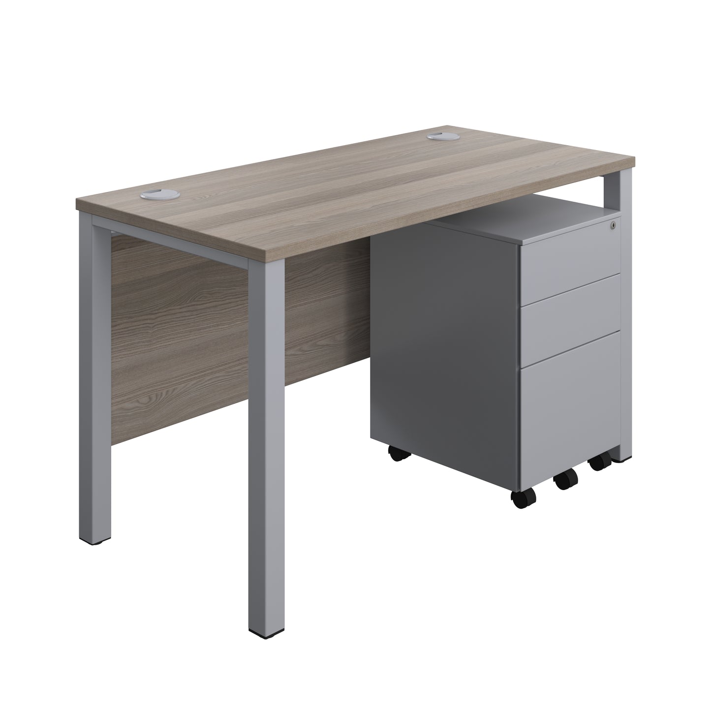 Aztec|Goal Post Leg|Rectangular Desk with 3 Drawer Steel Pedestal|1200x600|Grey Oak-Silver