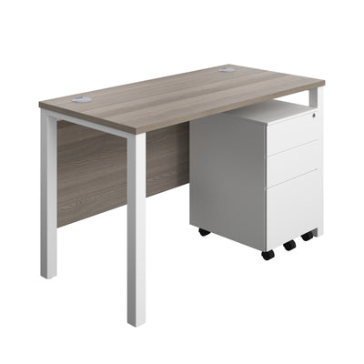 Aztec|Goal Post Leg|Rectangular Desk with 3 Drawer Steel Pedestal|1200x600|Grey Oak-White