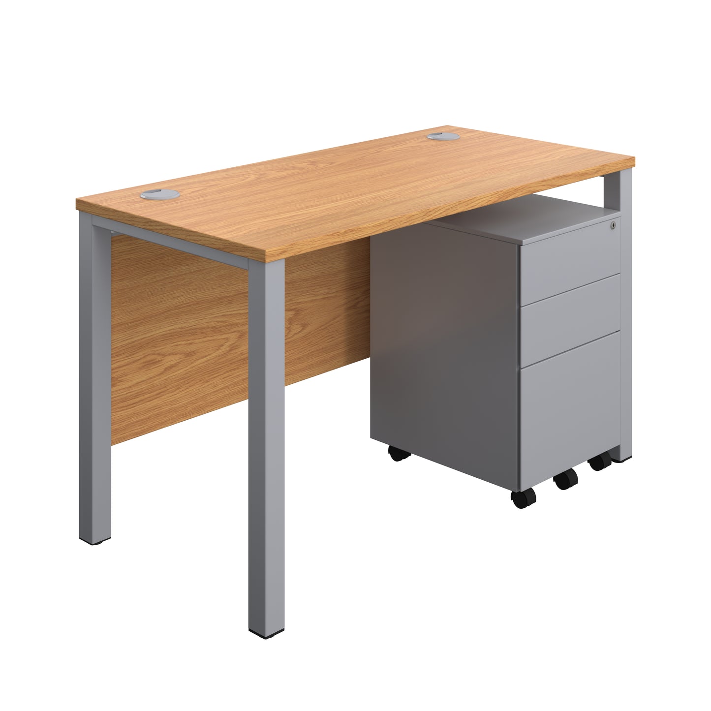 Aztec|Goal Post Leg|Rectangular Desk with 3 Drawer Steel Pedestal|1200x600|Nova Oak-Silver