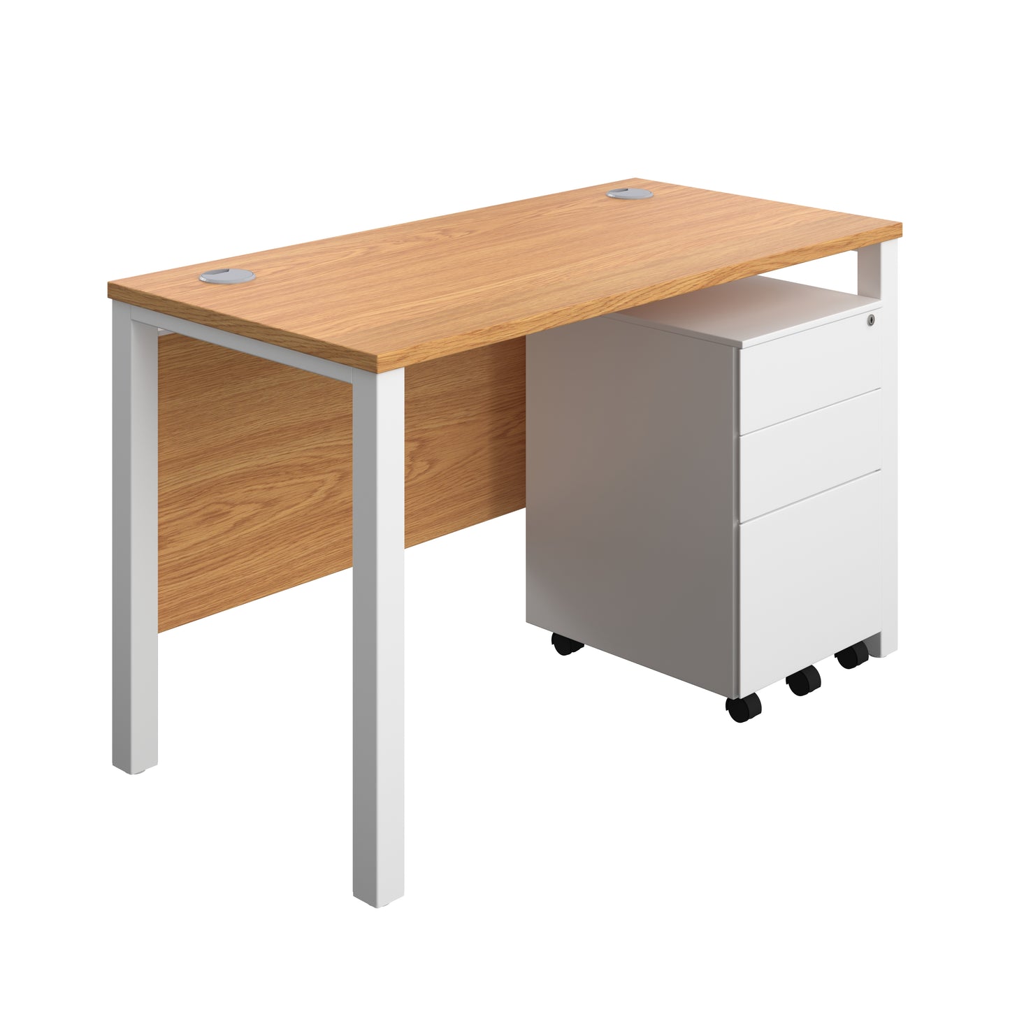 Aztec|Goal Post Leg|Rectangular Desk with 3 Drawer Steel Pedestal|1200x600|Nova Oak-White