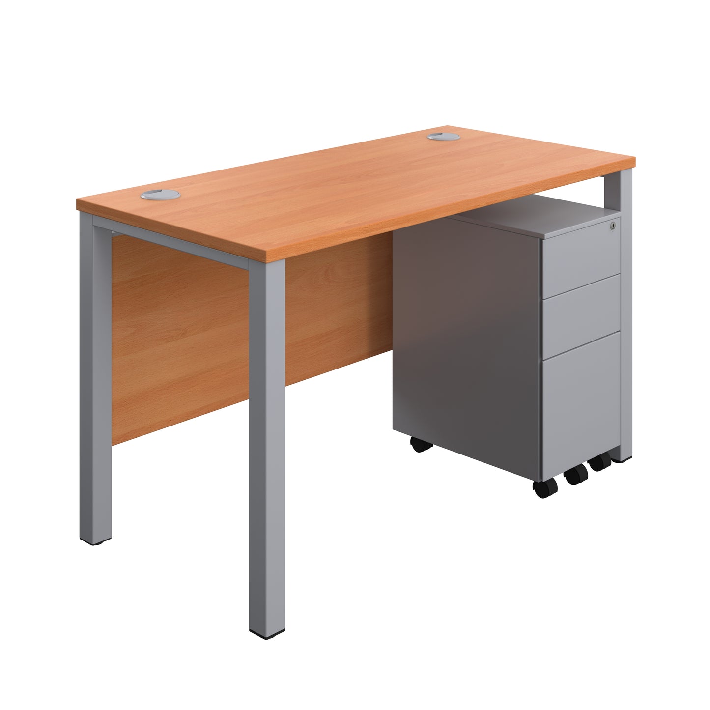 Aztec|Goal Post Leg|Rectangular Desk with 3 Drawer Slimline Steel Pedestal|1200x600|Beech-Silver