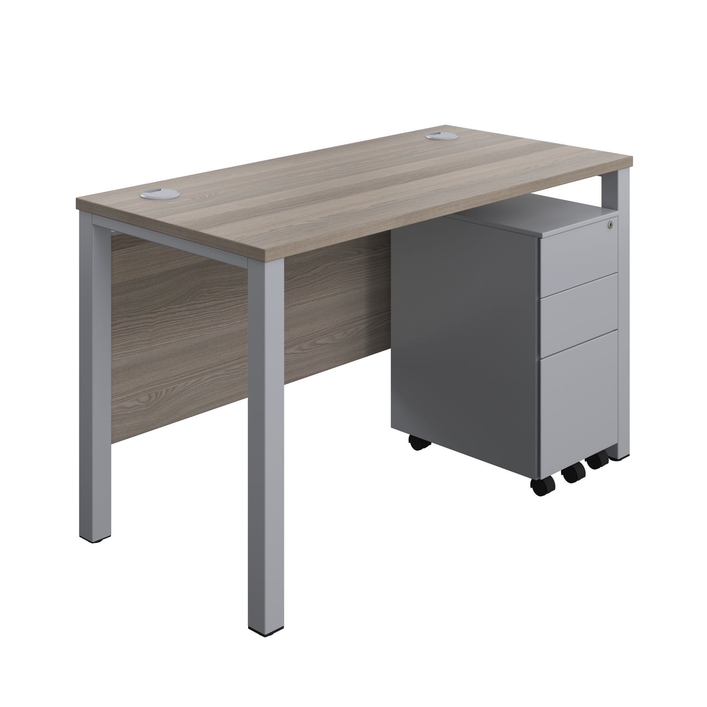 Aztec|Goal Post Leg|Rectangular Desk with 3 Drawer Slimline Steel Pedestal|1200x600|Grey Oak-Silver