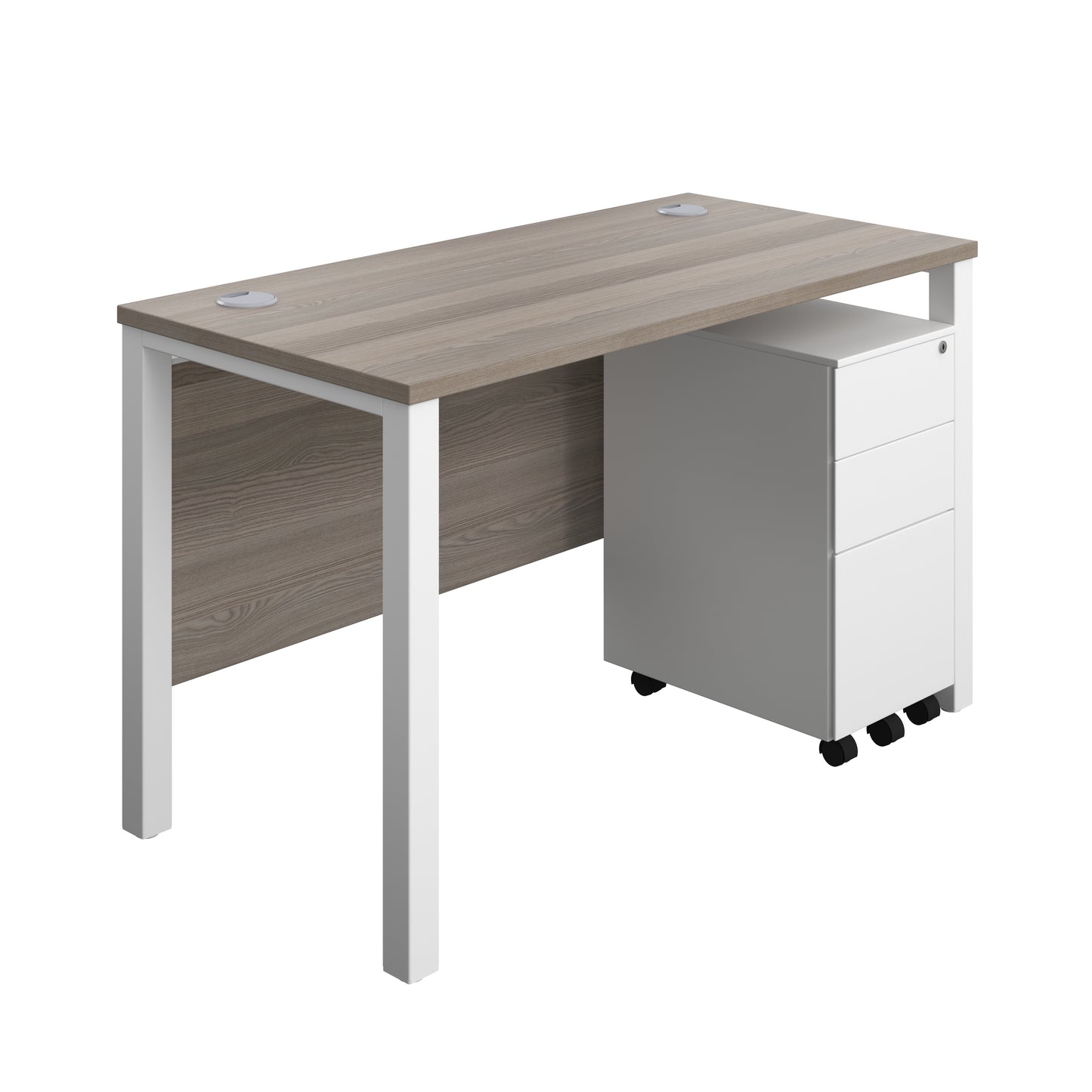 Aztec|Goal Post Leg|Rectangular Desk with 3 Drawer Slimline Steel Pedestal|1200x600|Grey Oak-White