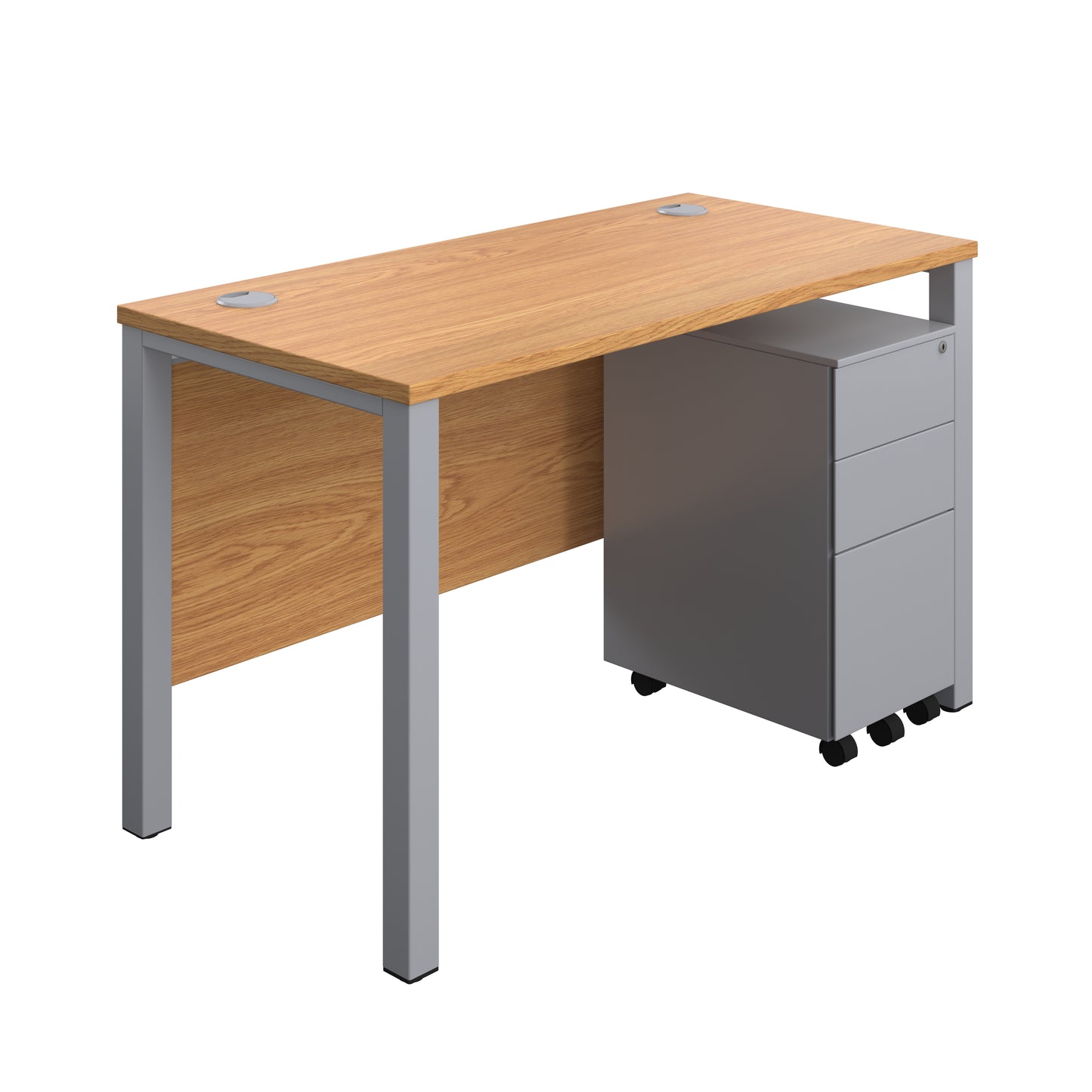 Aztec|Goal Post Leg|Rectangular Desk with 3 Drawer Slimline Steel Pedestal|1200x600|Nova Oak-Silver
