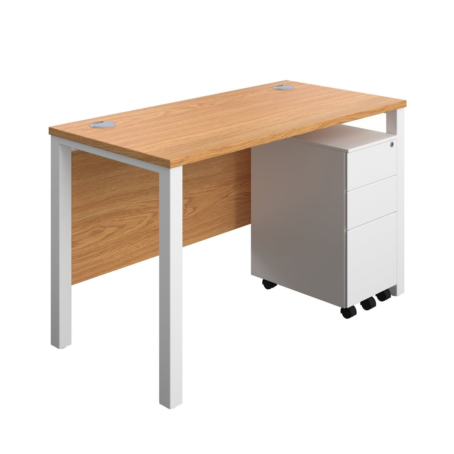 Aztec|Goal Post Leg|Rectangular Desk with 3 Drawer Slimline Steel Pedestal|1200x600|Nova Oak-White