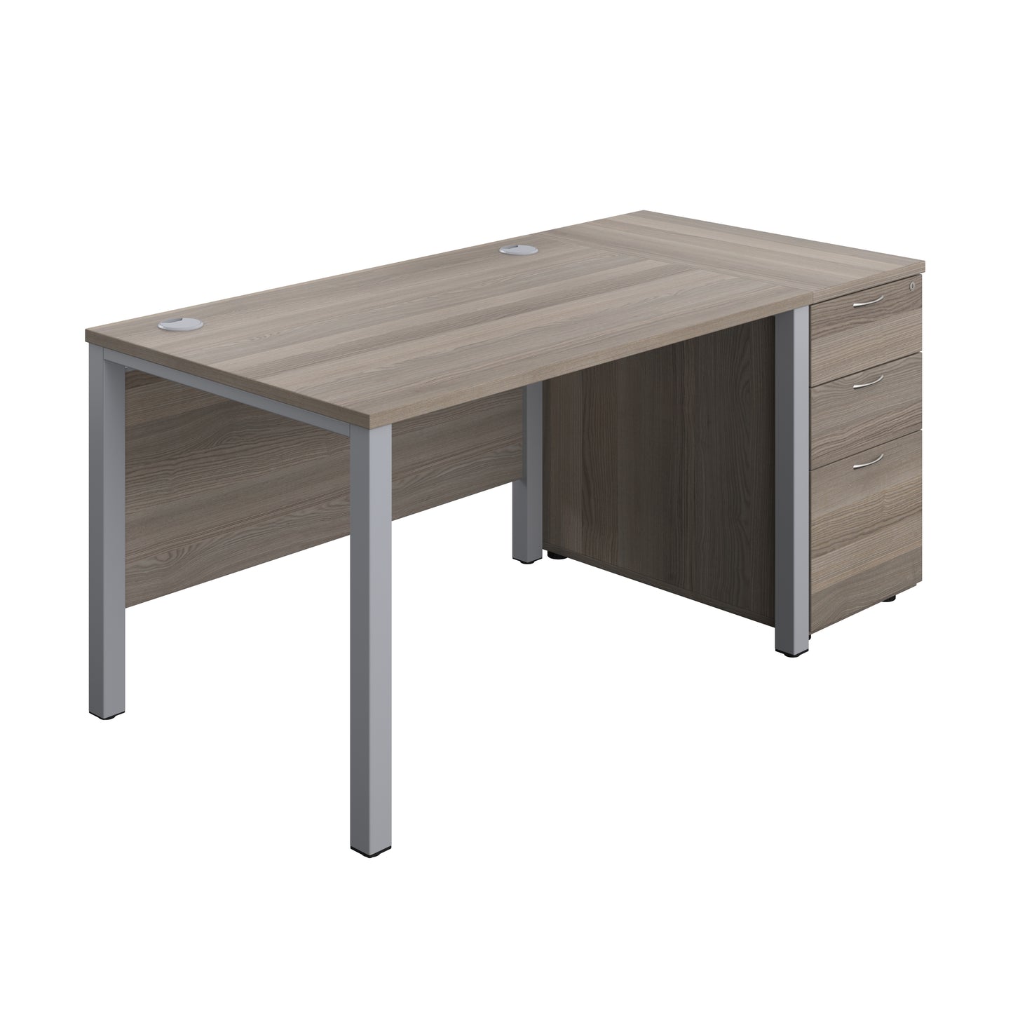 Aztec|Goal Post Leg|Rectangular Desk with 3 Drawer Desk High Pedestal|1200x800|Grey Oak-Silver