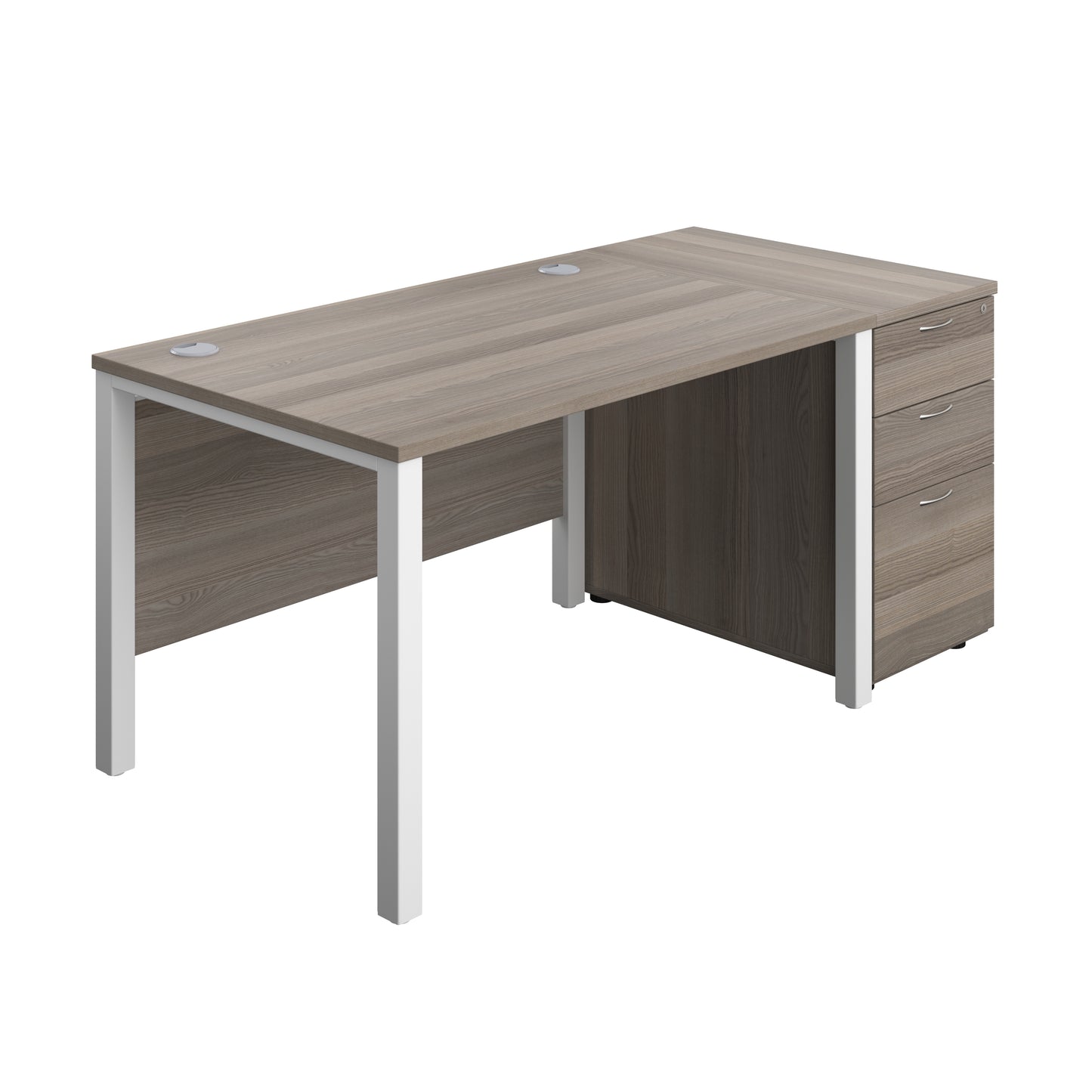 Aztec|Goal Post Leg|Rectangular Desk with 3 Drawer Desk High Pedestal|1200x800|Grey Oak-White