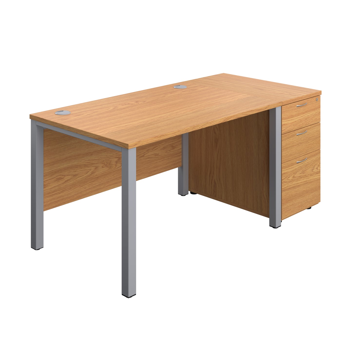 Aztec|Goal Post Leg|Rectangular Desk with 3 Drawer Desk High Pedestal|1200x800|Nova Oak-Silver