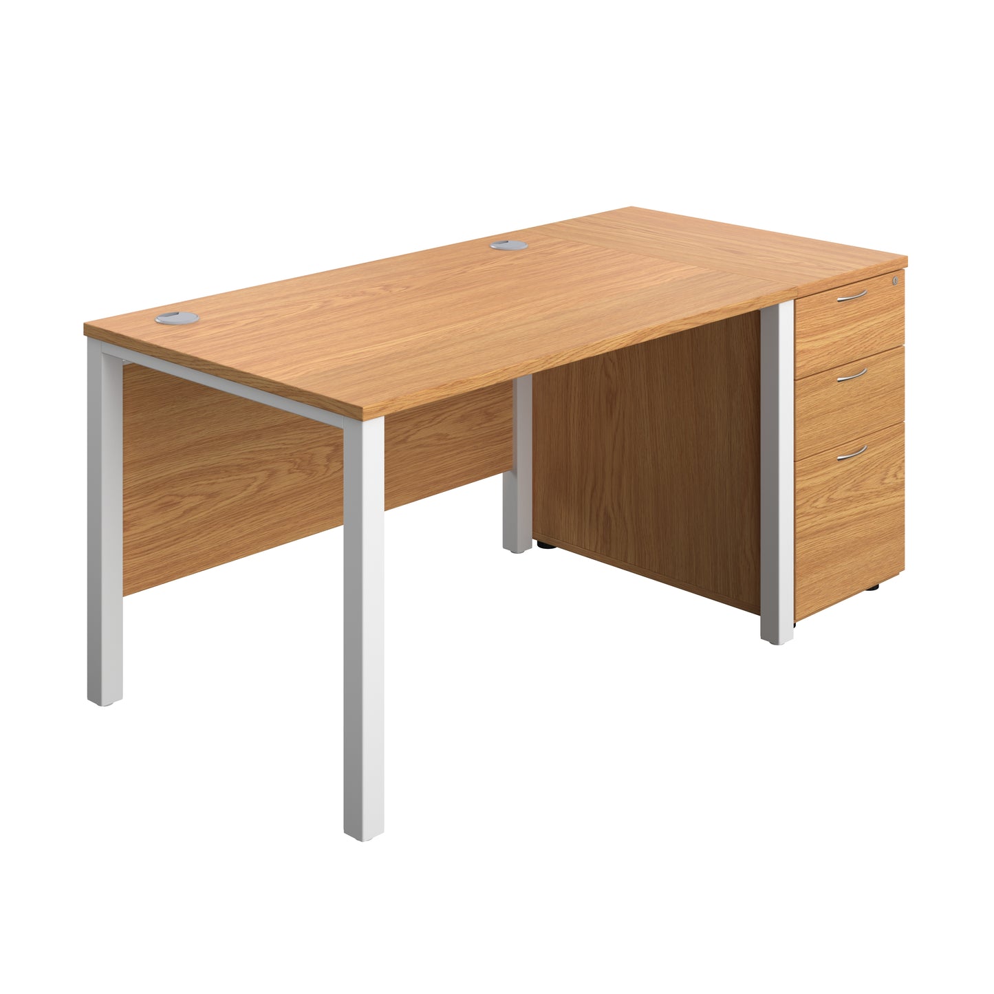 Aztec|Goal Post Leg|Rectangular Desk with 3 Drawer Desk High Pedestal|1200x800|Nova Oak-White