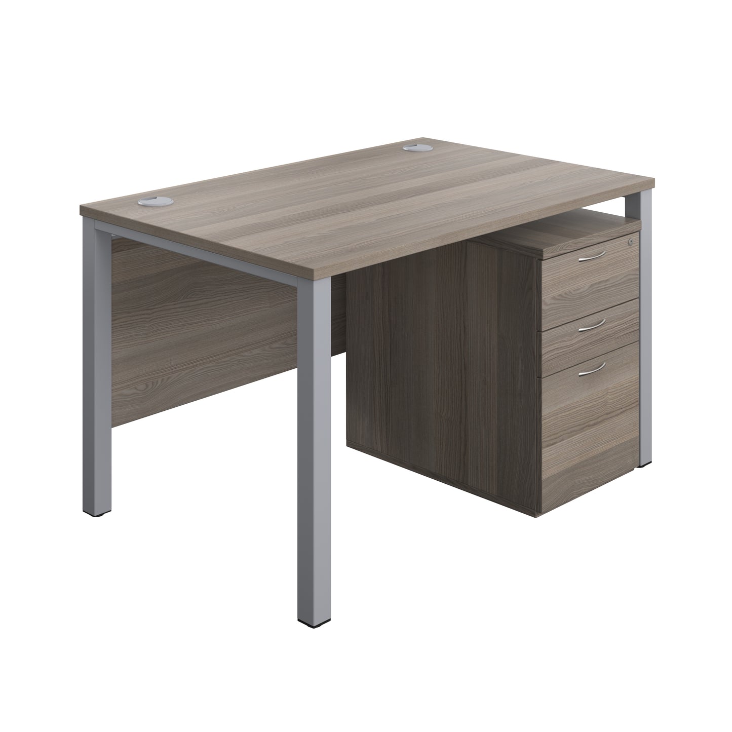 Aztec|Goal Post Leg|Rectangular Desk with 3 Drawer High Mobile Pedestal|1200x800|Grey Oak-Silver