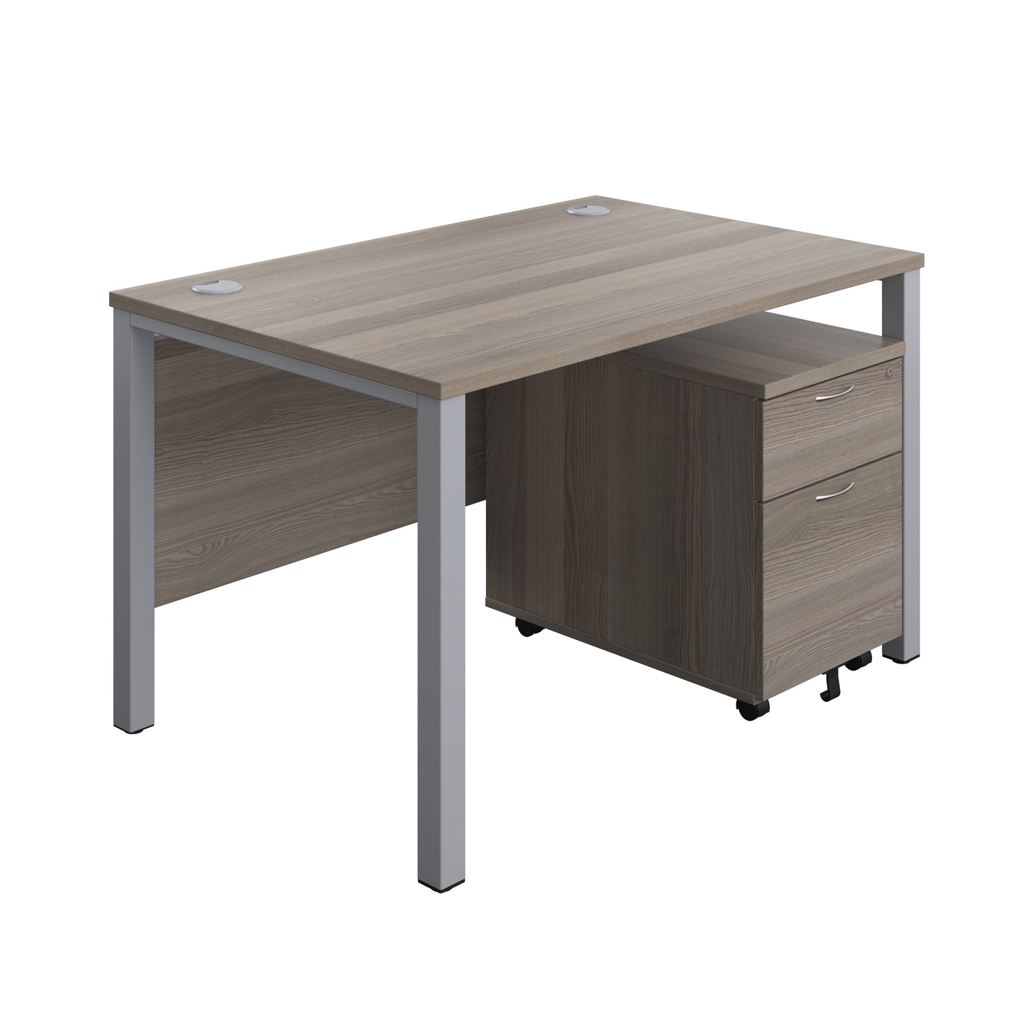 Aztec|Goal Post Leg|Rectangular Desk with 2 Drawer Mobile Pedestal|1200x800|Grey Oak-Silver