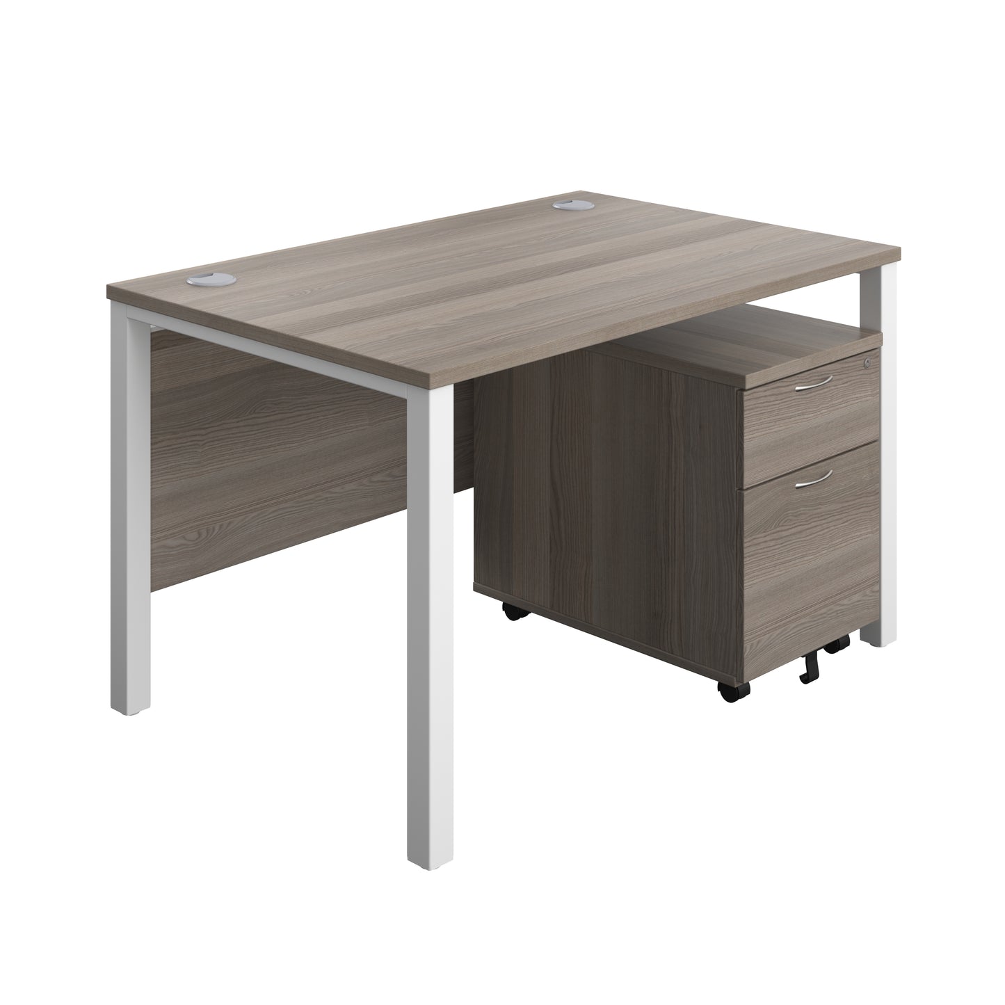 Aztec|Goal Post Leg|Rectangular Desk with 2 Drawer Mobile Pedestal|1200x800|Grey Oak-White