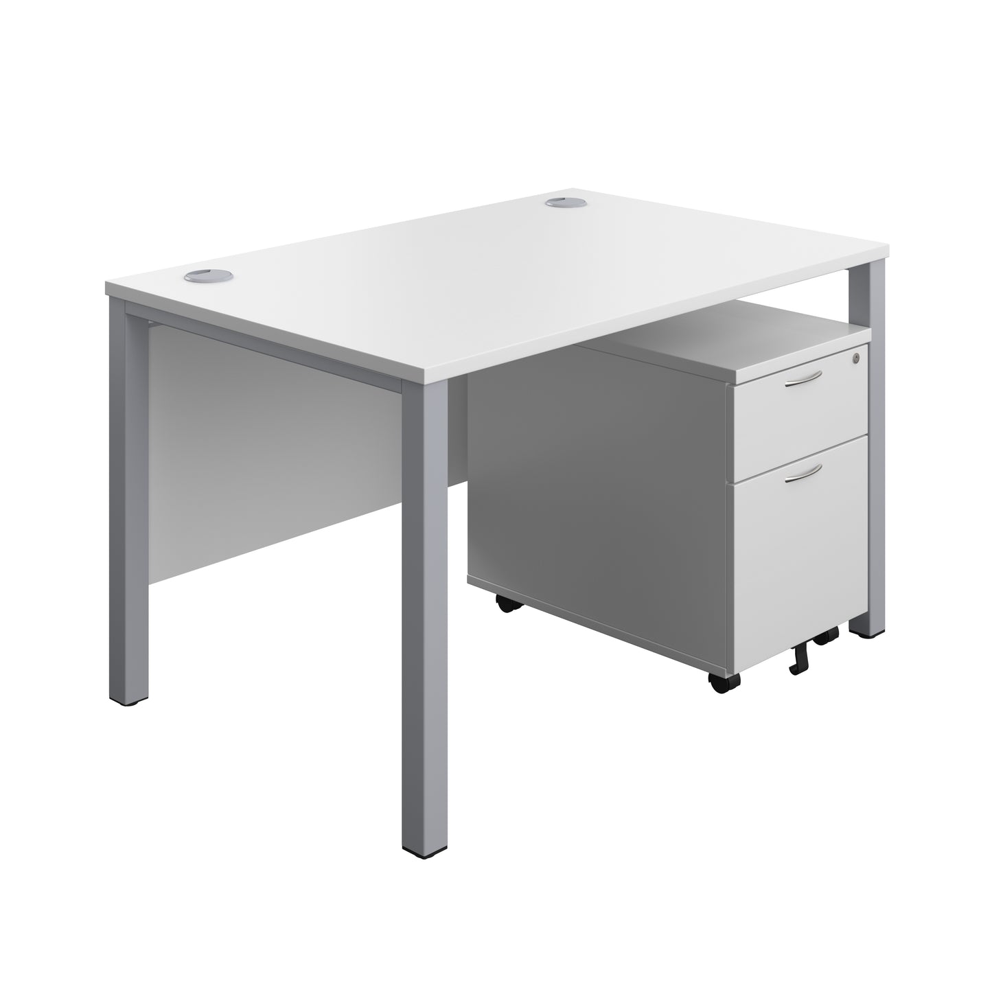Aztec|Goal Post Leg|Rectangular Desk with 2 Drawer Mobile Pedestal|1200x800|White-Silver