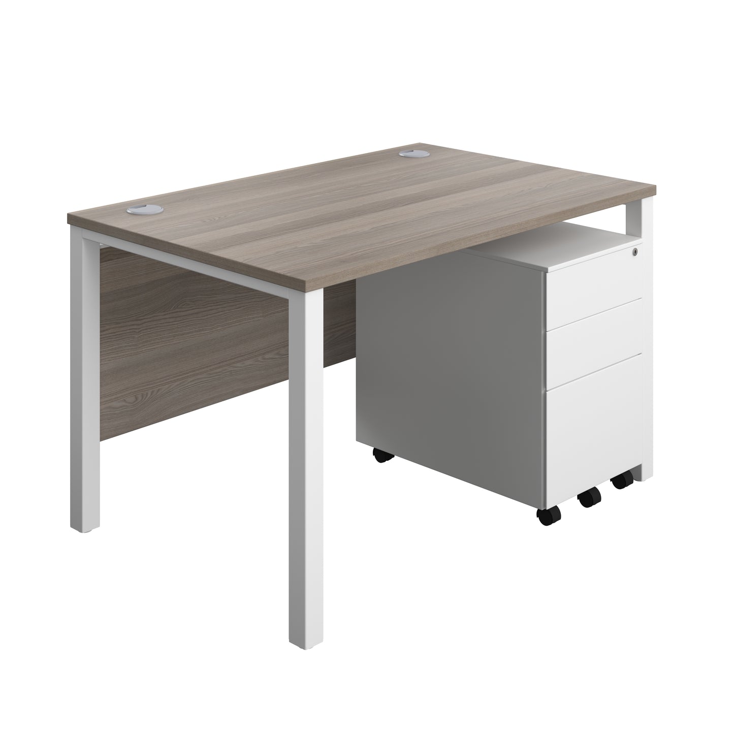 Aztec|Goal Post Leg|Rectangular Desk with 3 Drawer Steel Pedestal|1200x800|Grey Oak-White