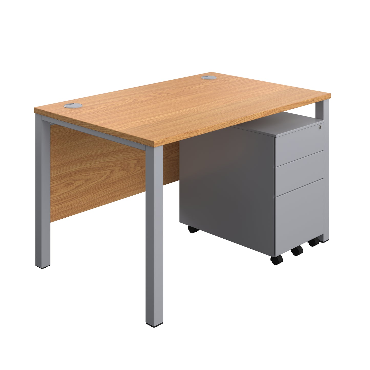 Aztec|Goal Post Leg|Rectangular Desk with 3 Drawer Steel Pedestal|1200x800|Nova Oak-Silver