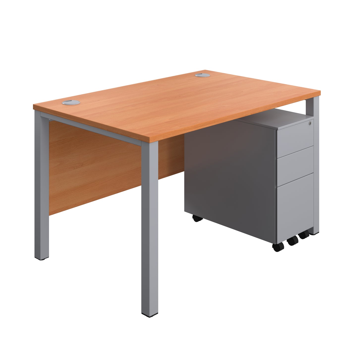 Aztec|Goal Post Leg|Rectangular Desk with 3 Drawer Slimline Steel Pedestal|1200x800|Beech-Silver