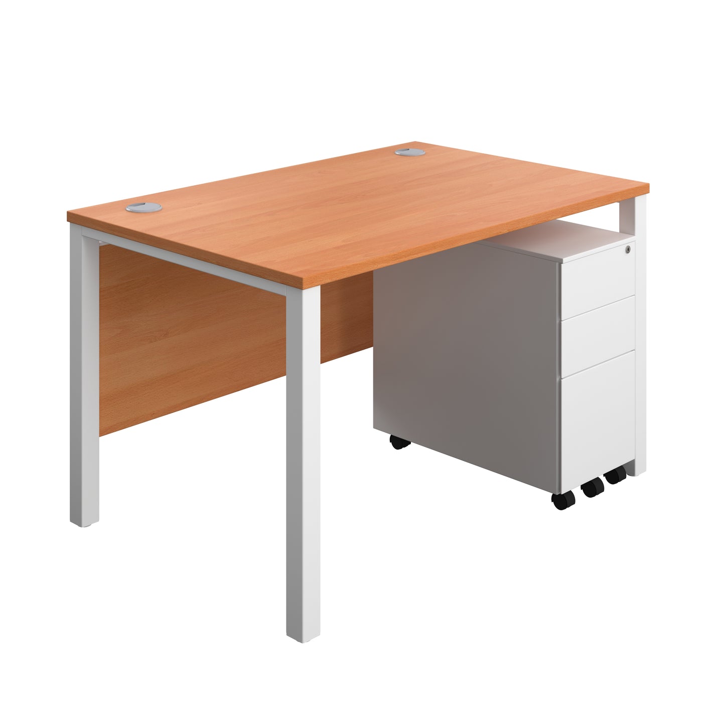 Aztec|Goal Post Leg|Rectangular Desk with 3 Drawer Slimline Steel Pedestal|1200x800|Beech-White