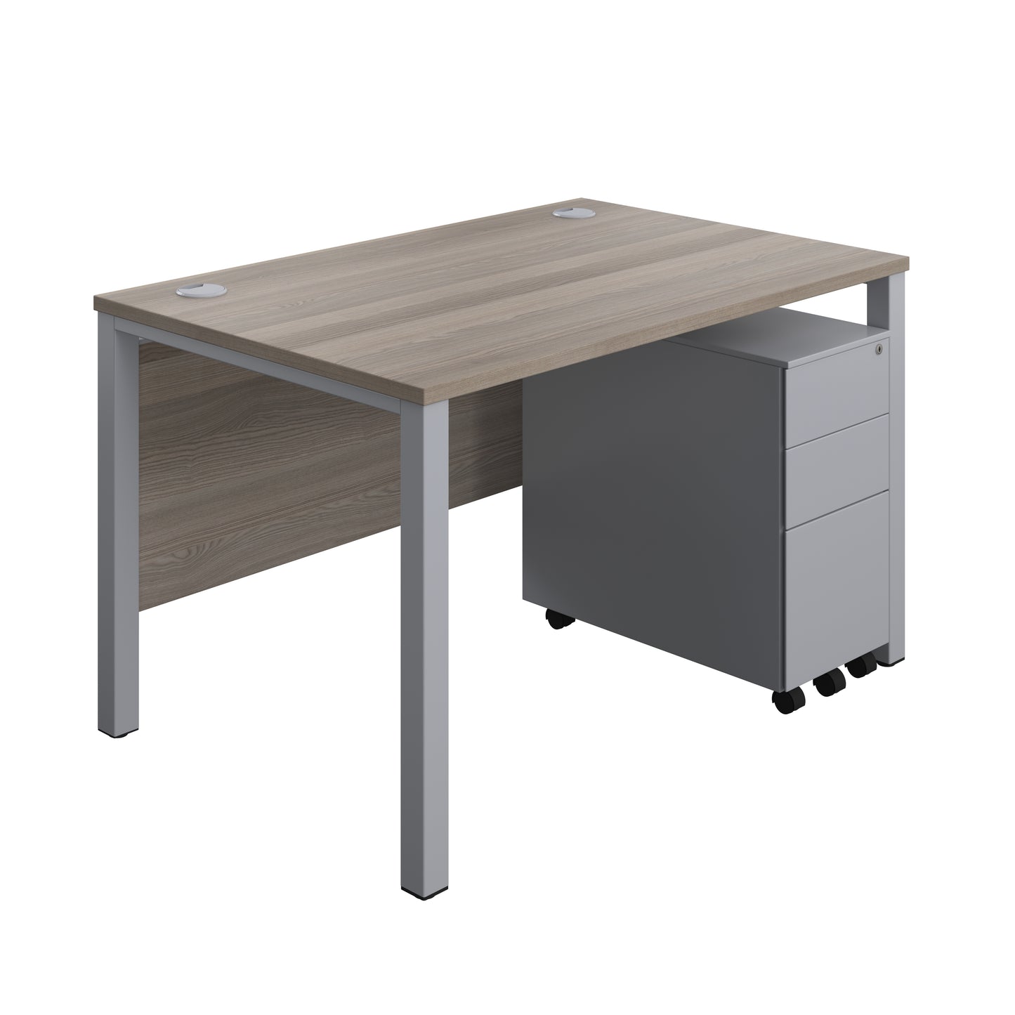 Aztec|Goal Post Leg|Rectangular Desk with 3 Drawer Slimline Steel Pedestal|1200x800|Grey Oak-Silver