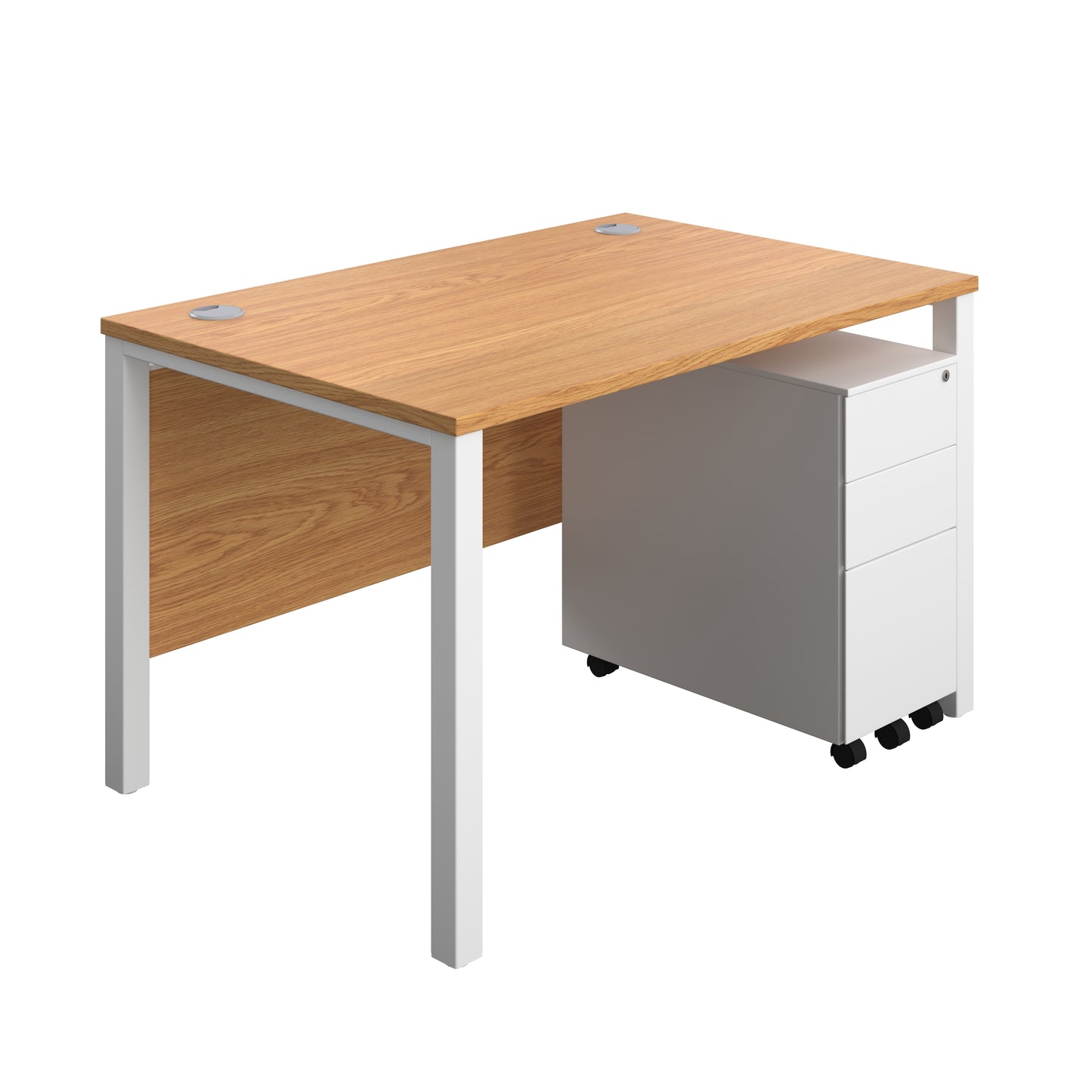 Aztec|Goal Post Leg|Rectangular Desk with 3 Drawer Slimline Steel Pedestal|1200x800|Nova Oak-White