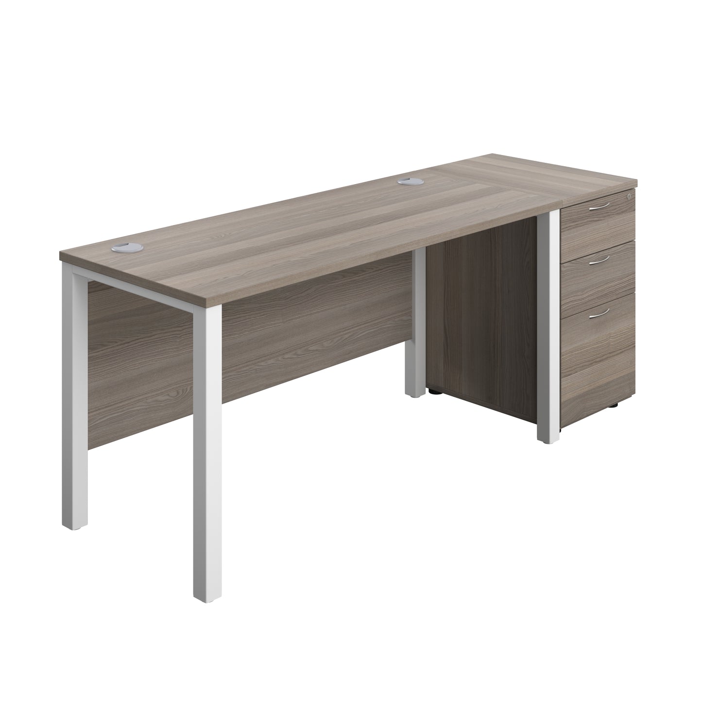 Aztec|Goal Post Leg|Rectangular Desk with 3 Drawer Desk High Pedestal|1400x600|Grey Oak-White