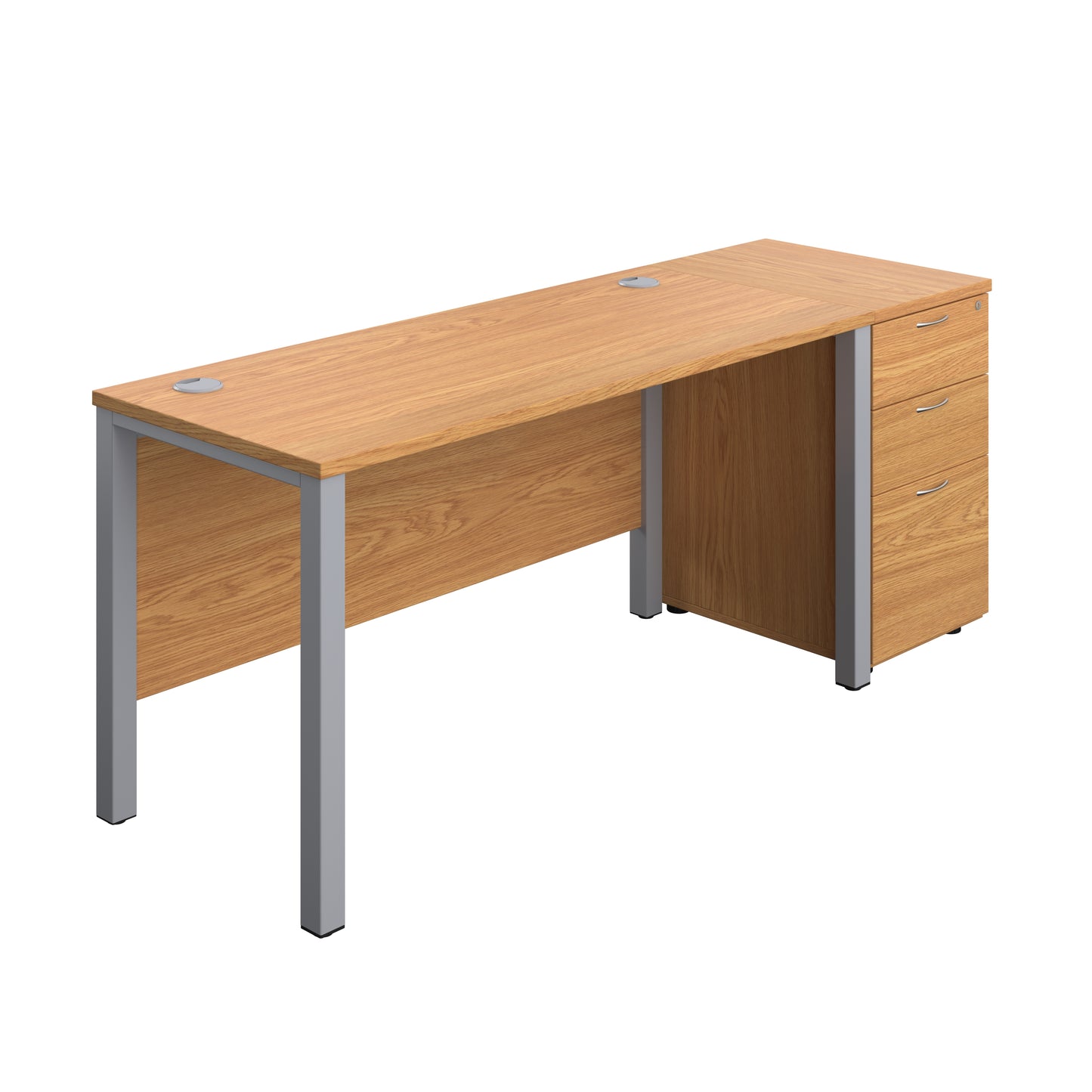 Aztec|Goal Post Leg|Rectangular Desk with 3 Drawer Desk High Pedestal|1400x600|Nova Oak-Silver