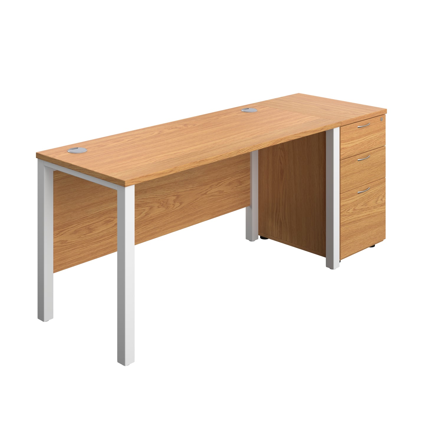Aztec|Goal Post Leg|Rectangular Desk with 3 Drawer Desk High Pedestal|1400x600|Nova Oak-White