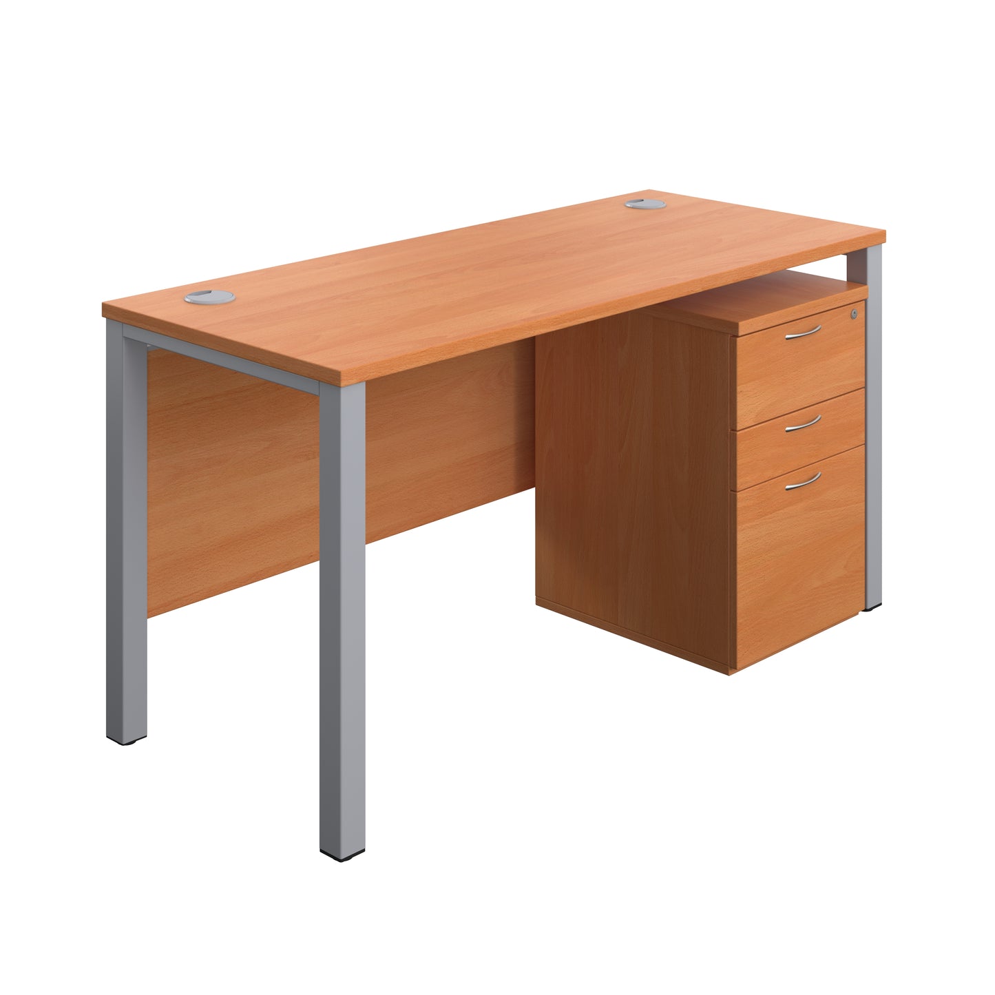 Aztec|Goal Post Leg|Rectangular Desk with 3 Drawer High Mobile Pedestal|1400x600|Beech-Silver