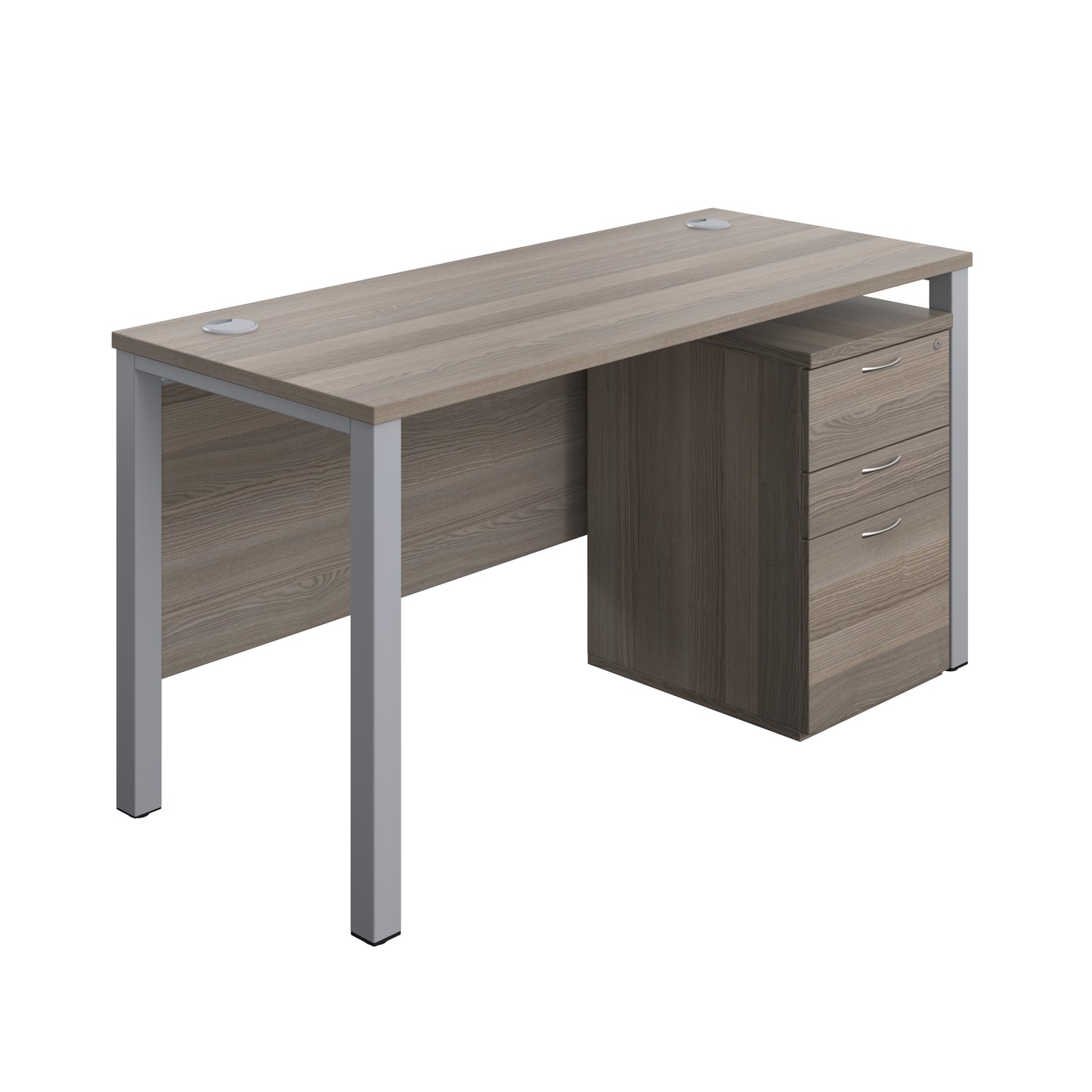 Aztec|Goal Post Leg|Rectangular Desk with 3 Drawer High Mobile Pedestal|1400x600|Grey Oak-Silver