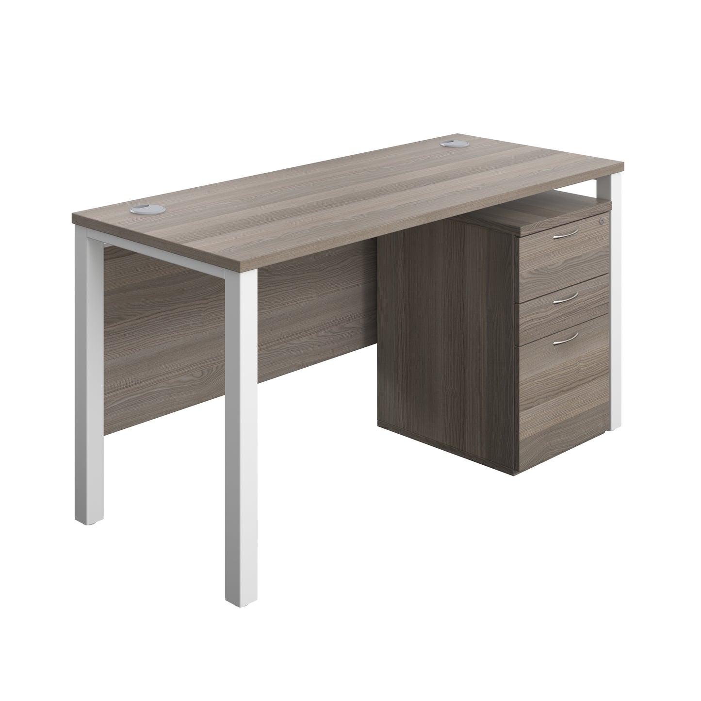 Aztec|Goal Post Leg|Rectangular Desk with 3 Drawer High Mobile Pedestal|1400x600|Grey Oak-White