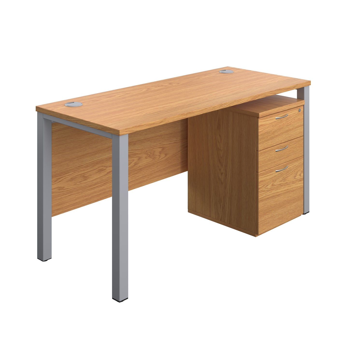 Aztec|Goal Post Leg|Rectangular Desk with 3 Drawer High Mobile Pedestal|1400x600|Nova Oak-Silver