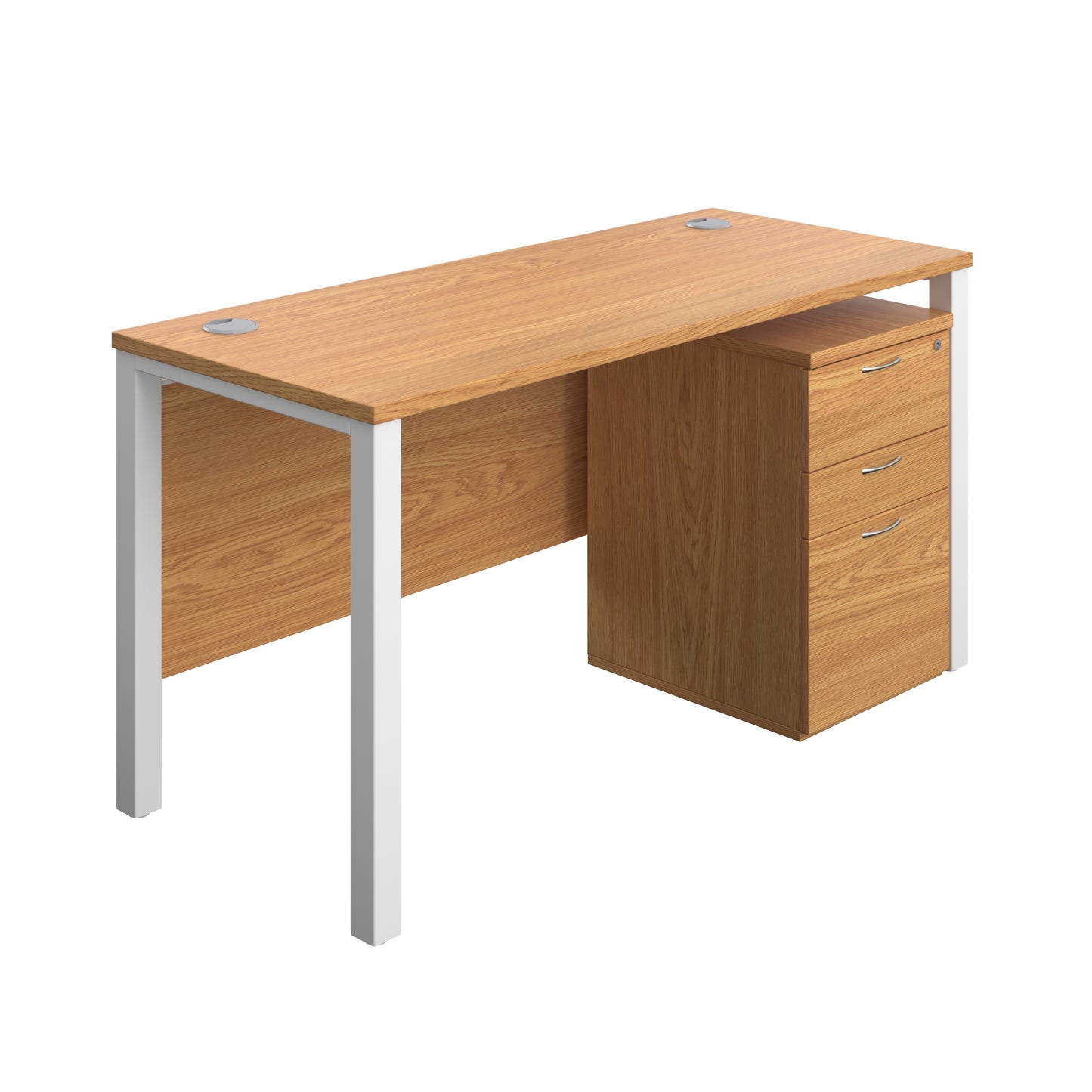 Aztec|Goal Post Leg|Rectangular Desk with 3 Drawer High Mobile Pedestal|1400x600|Nova Oak-White