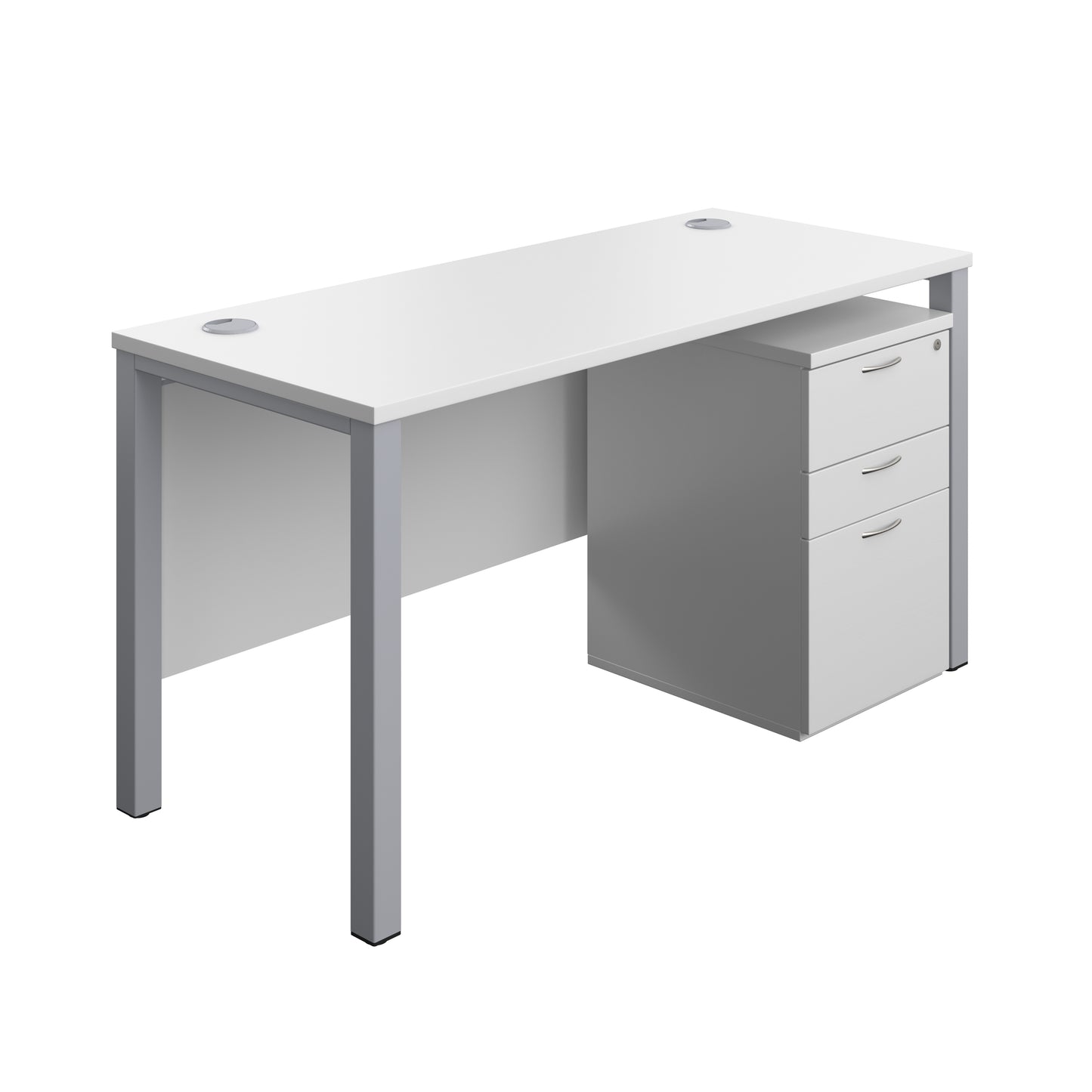 Aztec|Goal Post Leg|Rectangular Desk with 3 Drawer High Mobile Pedestal|1400x600|White-Silver