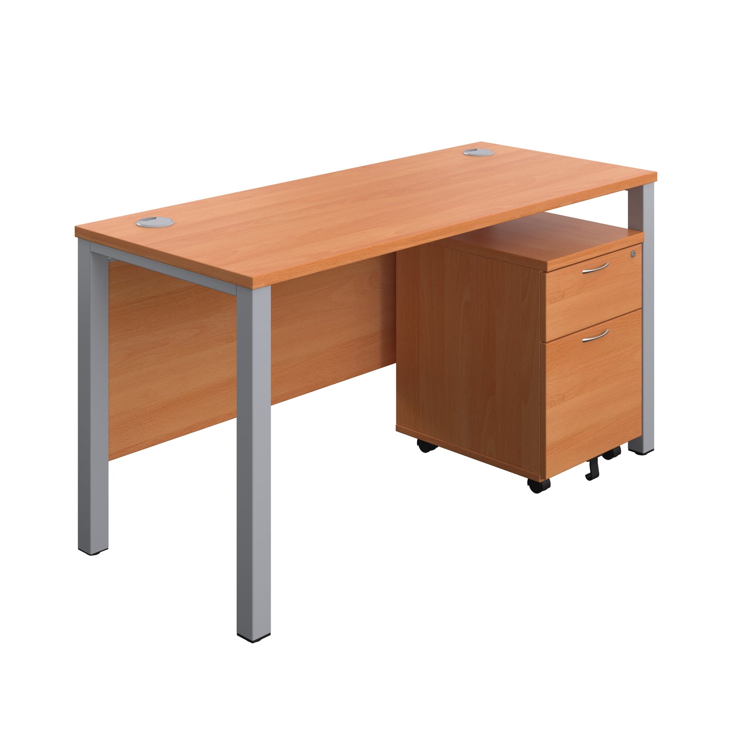 Aztec|Goal Post Leg|Rectangular Desk with 2 Drawer Mobile Pedestal|1400x600|Beech-Silver