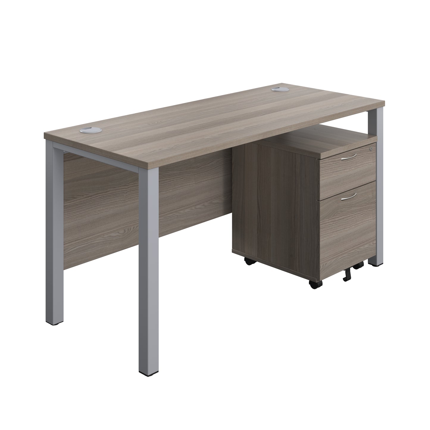 Aztec|Goal Post Leg|Rectangular Desk with 2 Drawer Mobile Pedestal|1400x600|Grey Oak-Silver