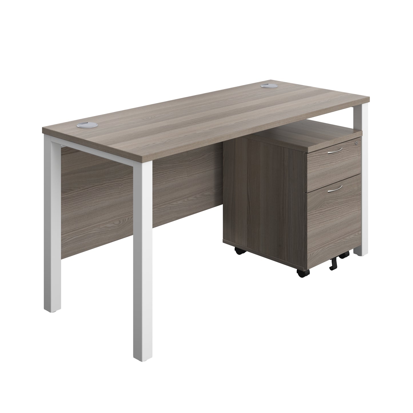 Aztec|Goal Post Leg|Rectangular Desk with 2 Drawer Mobile Pedestal|1400x600|Grey Oak-White