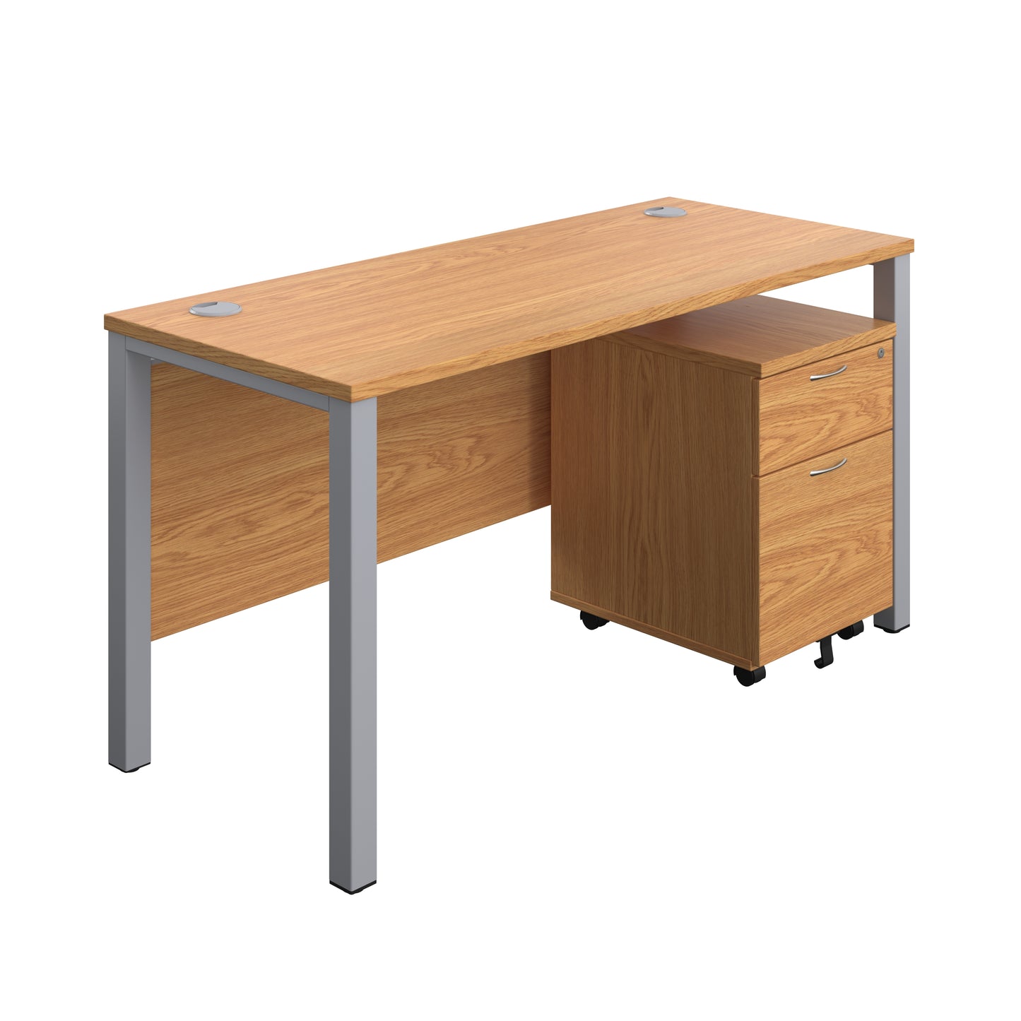 Aztec|Goal Post Leg|Rectangular Desk with 2 Drawer Mobile Pedestal|1400x600|Nova Oak-Silver