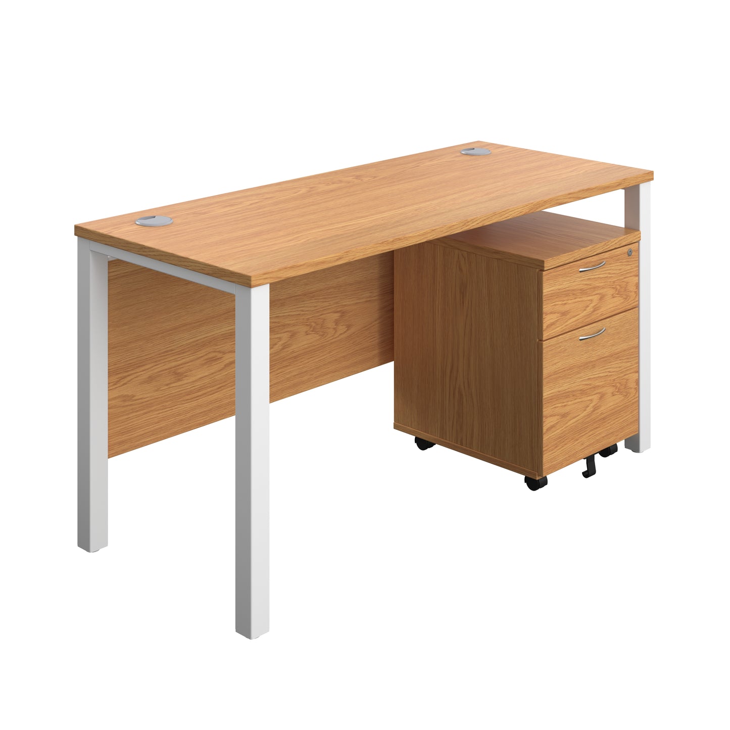 Aztec|Goal Post Leg|Rectangular Desk with 2 Drawer Mobile Pedestal|1400x600|Nova Oak-White