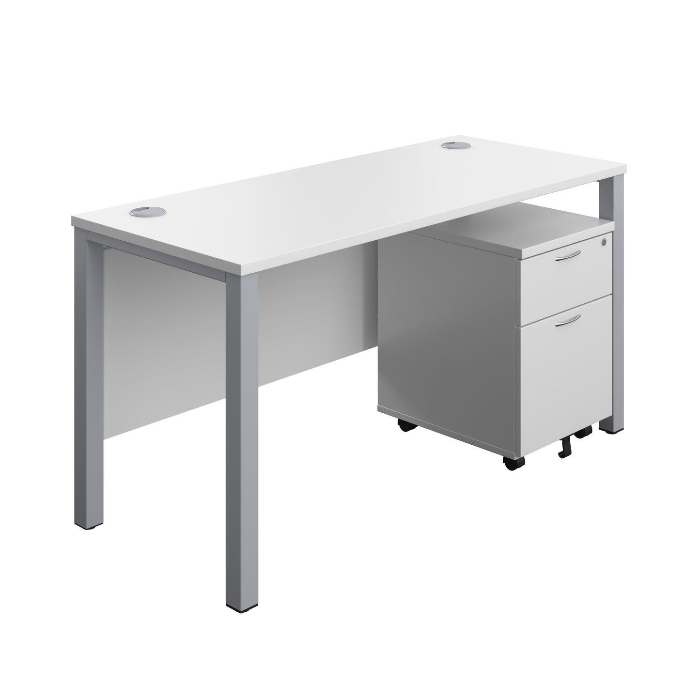 Aztec|Goal Post Leg|Rectangular Desk with 2 Drawer Mobile Pedestal|1400x600|White-Silver