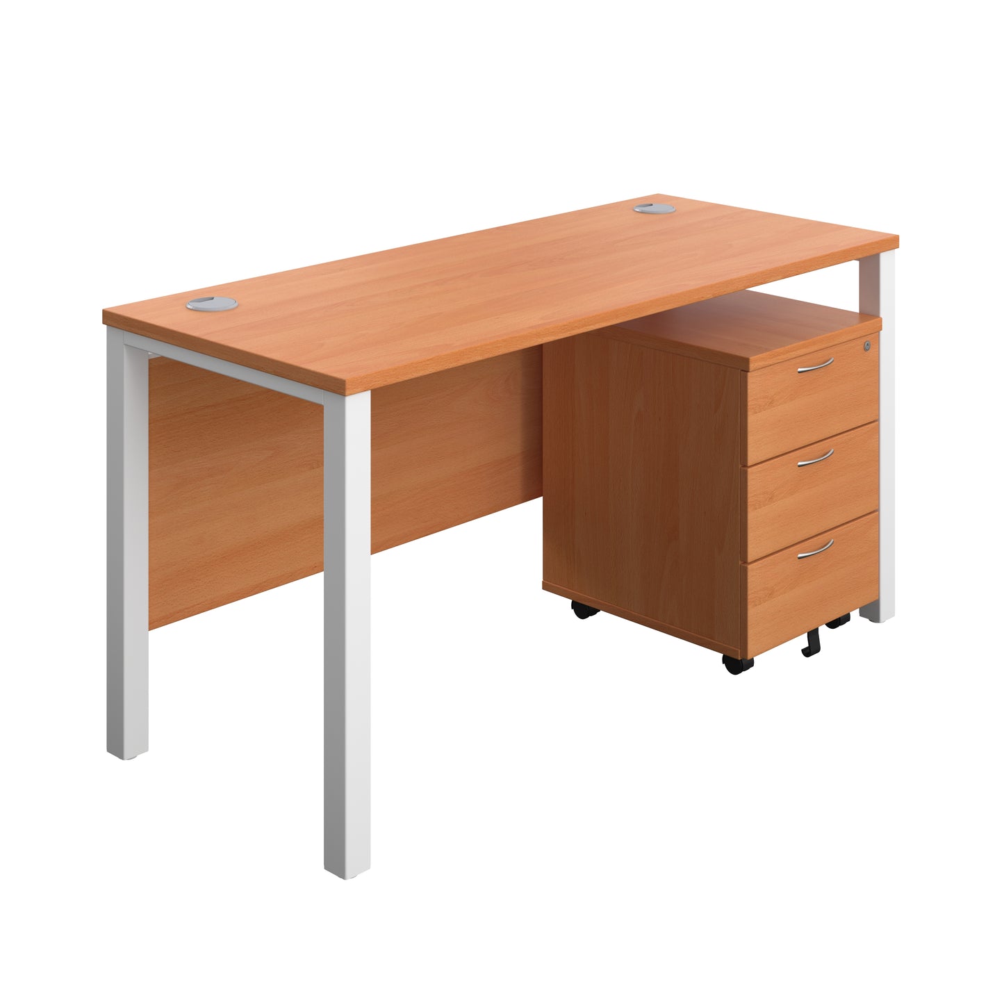 Aztec|Goal Post Leg|Rectangular Desk with 3 Drawer Mobile Pedestal|1400x600|Beech-White