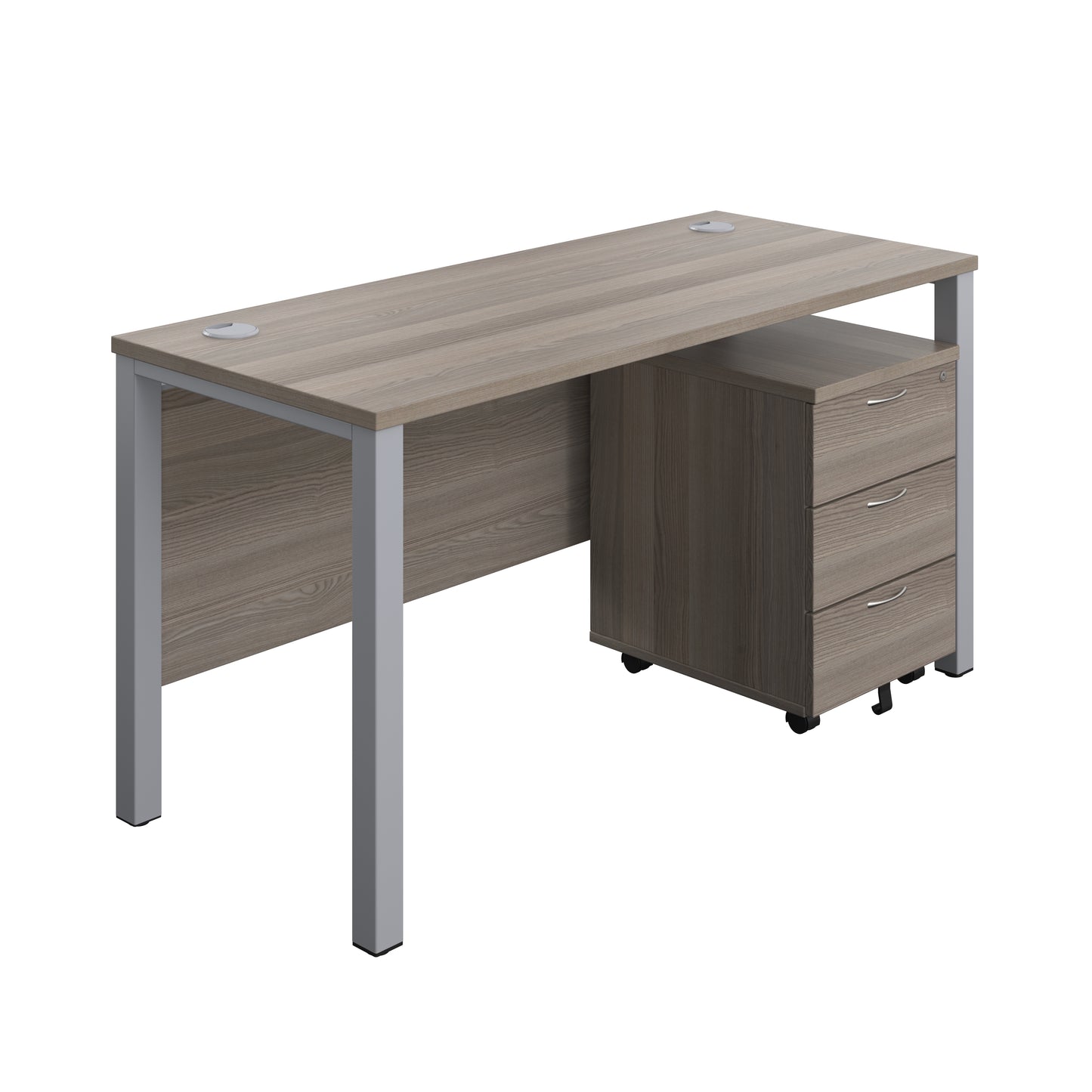 Aztec|Goal Post Leg|Rectangular Desk with 3 Drawer Mobile Pedestal|1400x600|Grey Oak-Silver