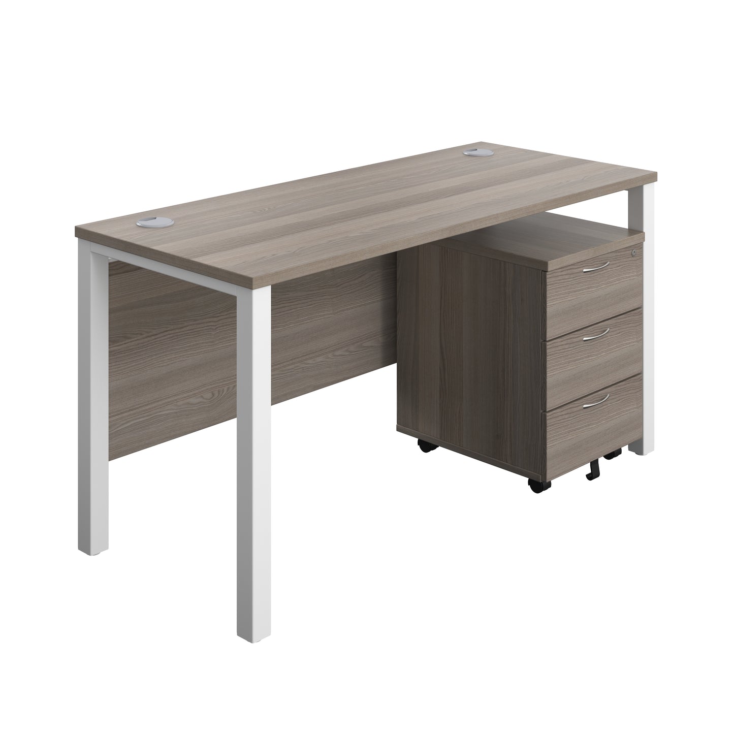 Aztec|Goal Post Leg|Rectangular Desk with 3 Drawer Mobile Pedestal|1400x600|Grey Oak-White