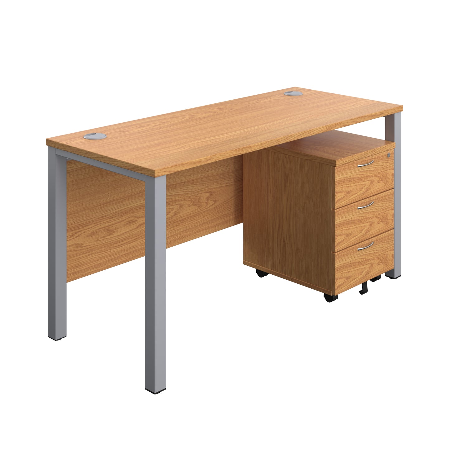 Aztec|Goal Post Leg|Rectangular Desk with 3 Drawer Mobile Pedestal|1400x600|Nova Oak-Silver