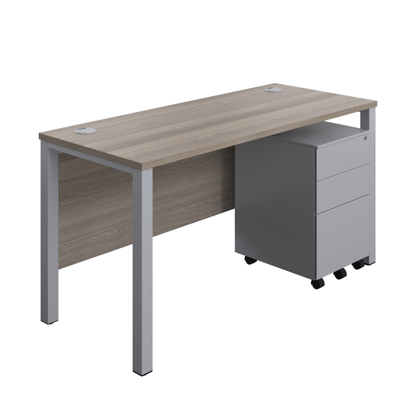 Aztec|Goal Post Leg|Rectangular Desk with 3 Drawer Steel Pedestal|1400x600|Grey Oak-Silver