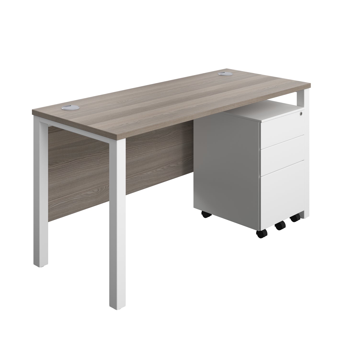 Aztec|Goal Post Leg|Rectangular Desk with 3 Drawer Steel Pedestal|1400x600|Grey Oak-White