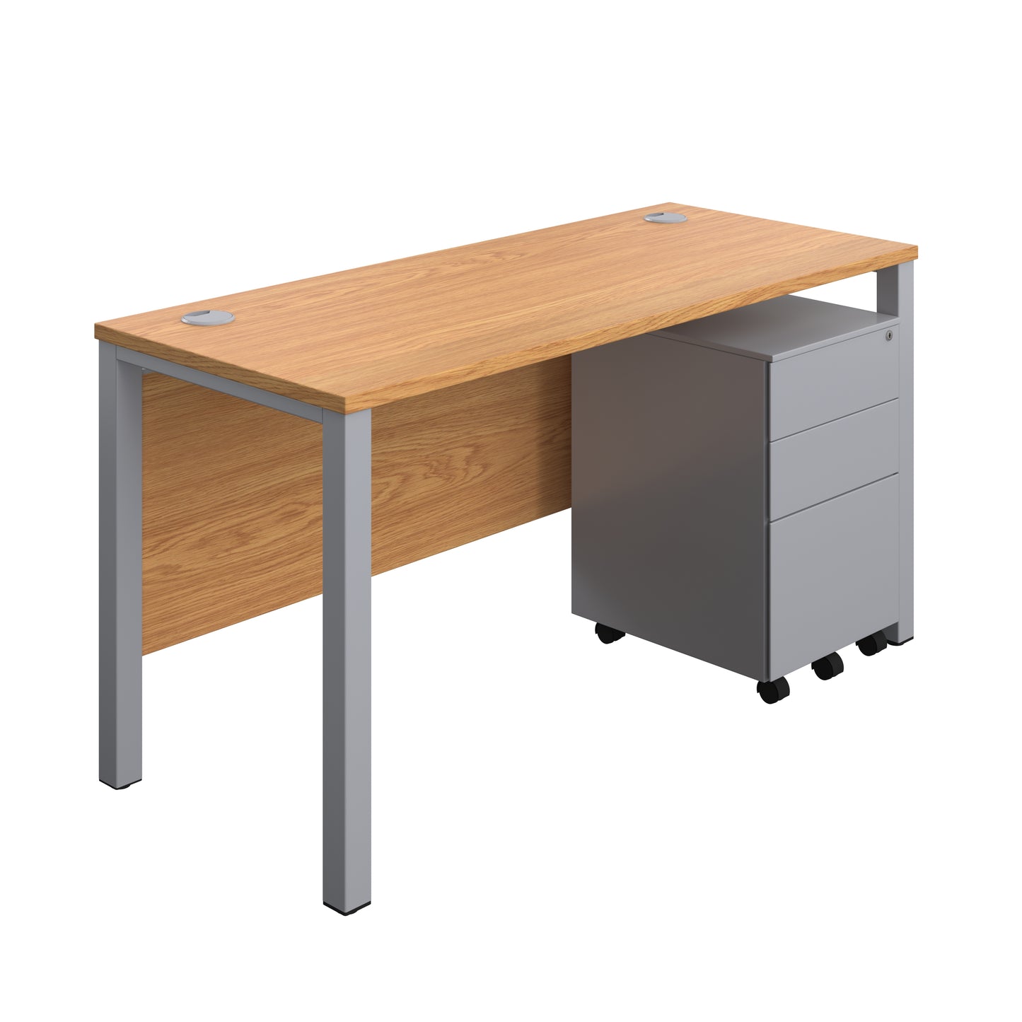 Aztec|Goal Post Leg|Rectangular Desk with 3 Drawer Steel Pedestal|1400x600|Nova Oak-Silver